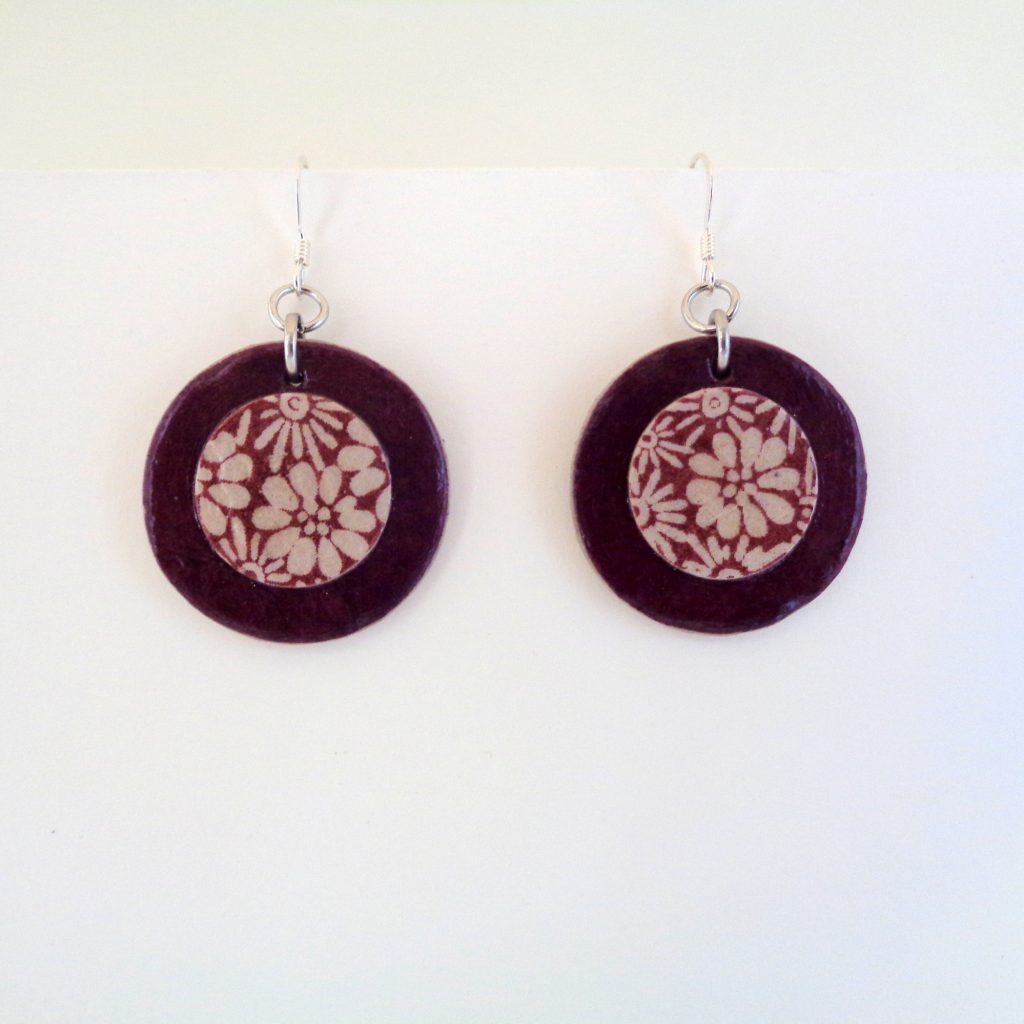 Boucles d'oreille en carton - Petites Rondes X2 - Bordeaux/Fleurs bordeaux - Argent 925