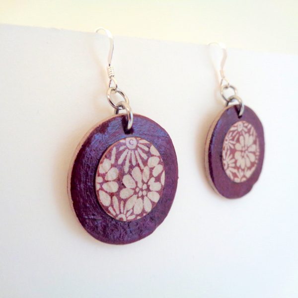 Boucles d'oreille en carton - Petites Rondes X2 - Bordeaux/Fleurs bordeaux - Argent 925