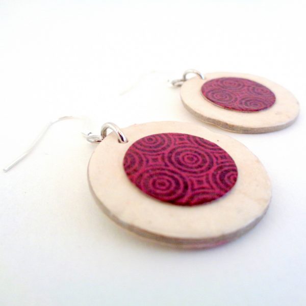 Boucles d'oreille en carton - Petites Rondes X2 - Blanc/Rondobordeaux - Argent 925