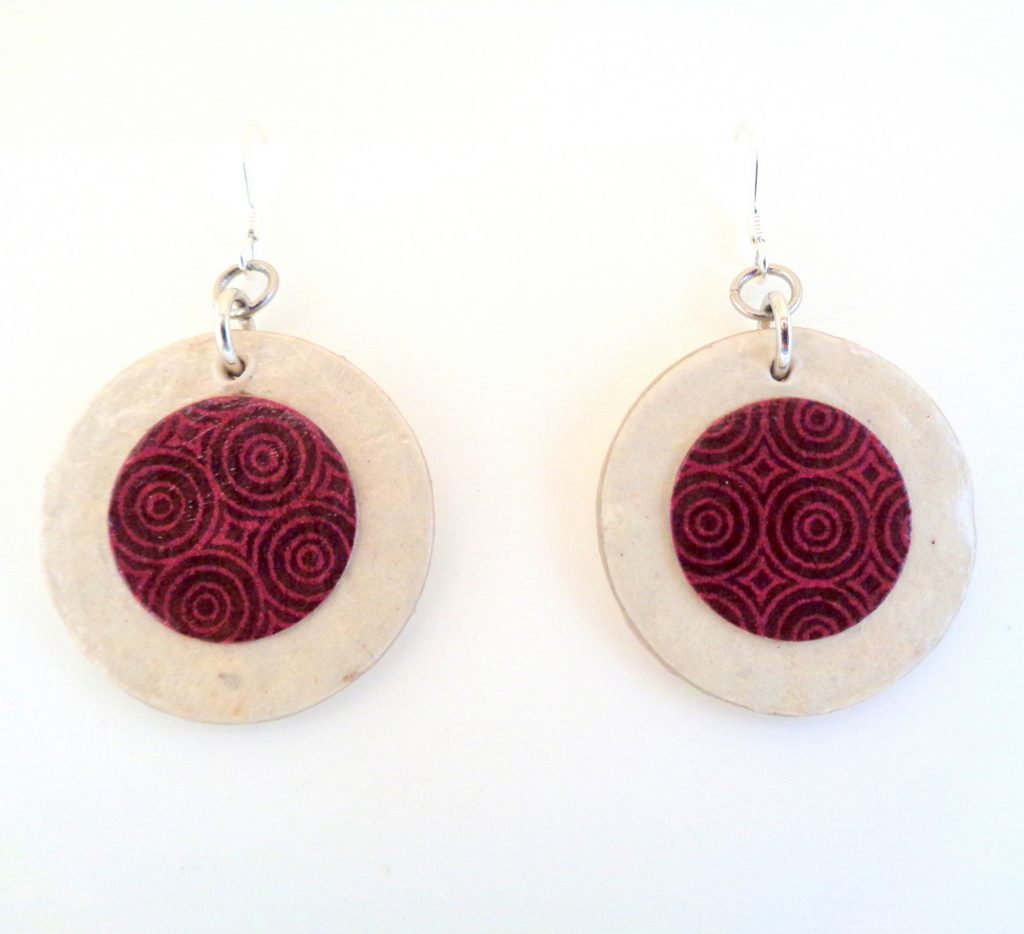 Boucles d'oreille en carton - Petites Rondes X2 - Blanc/Rondobordeaux - Argent 925