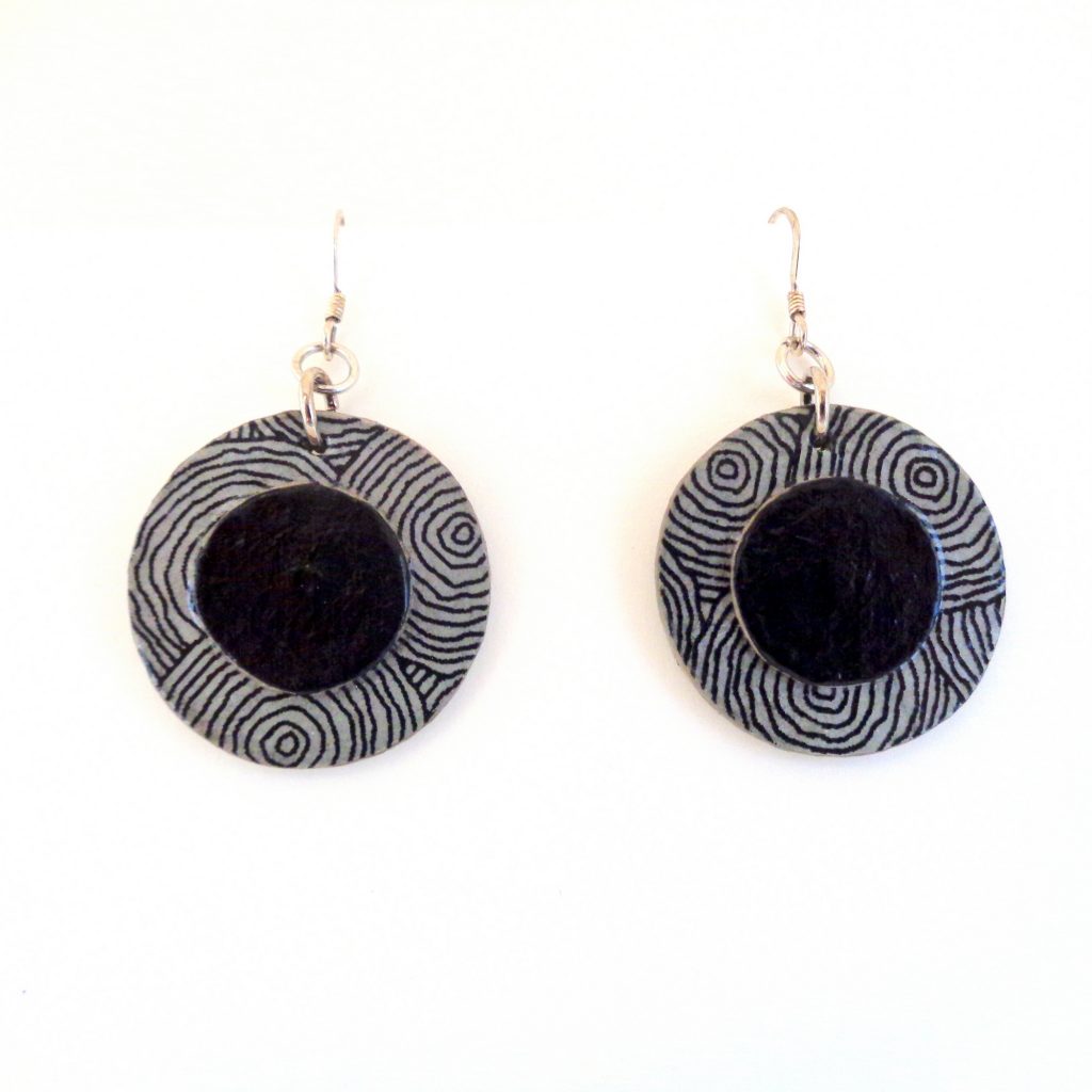 Boucles d'oreille en carton - Petites Rondes X2 - Cercles gris/Noir - Argent 925