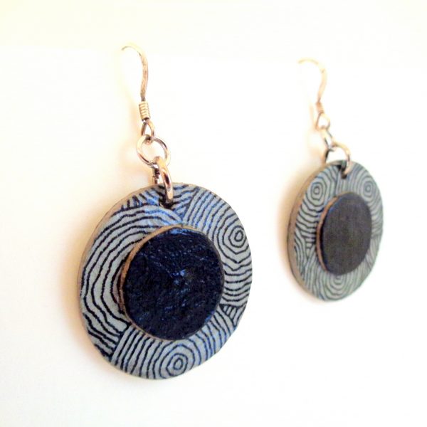 Boucles d'oreille en carton - Petites Rondes X2 - Cercles gris/Noir - Argent 925