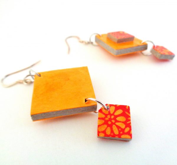 Boucles d'oreille en carton - Classique - Jaune ocre/Orange fleurs/Fleurs - Argent 925