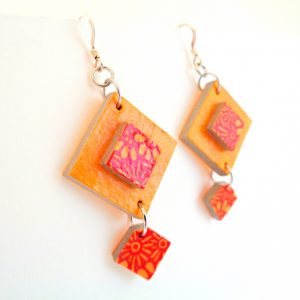 Boucles d'oreille en carton - Classique - Jaune ocre/Orange fleurs/Fleurs - Argent 925 – Image 2