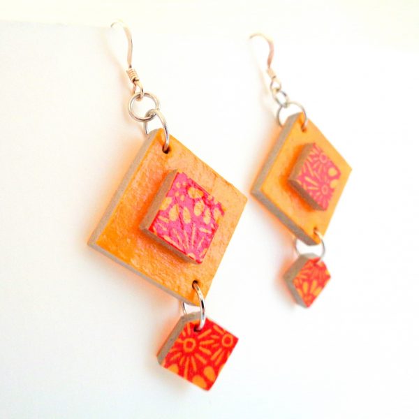 Boucles d'oreille en carton - Classique - Jaune ocre/Orange fleurs/Fleurs - Argent 925