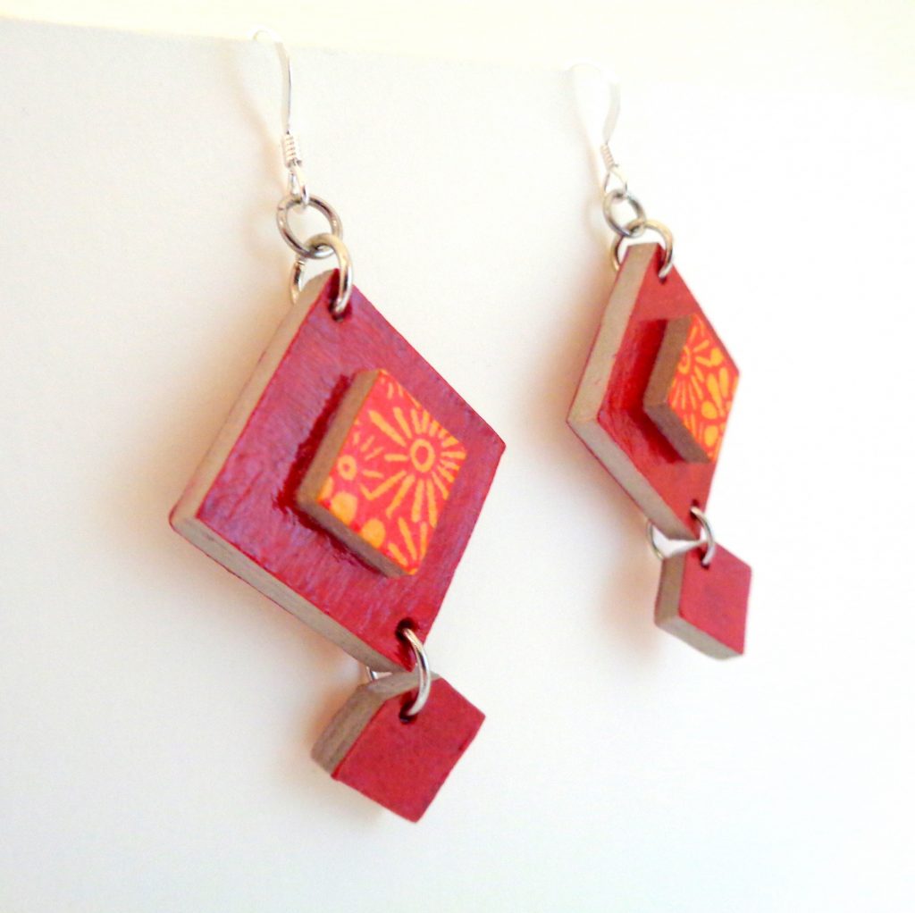 Boucles d'oreille en carton - Classique - Rouge carmin/Fleurs orange/Rouge carmin - Argent 925