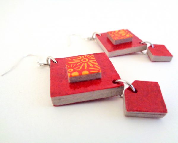 Boucles d'oreille en carton - Classique - Rouge carmin/Fleurs orange/Rouge carmin - Argent 925