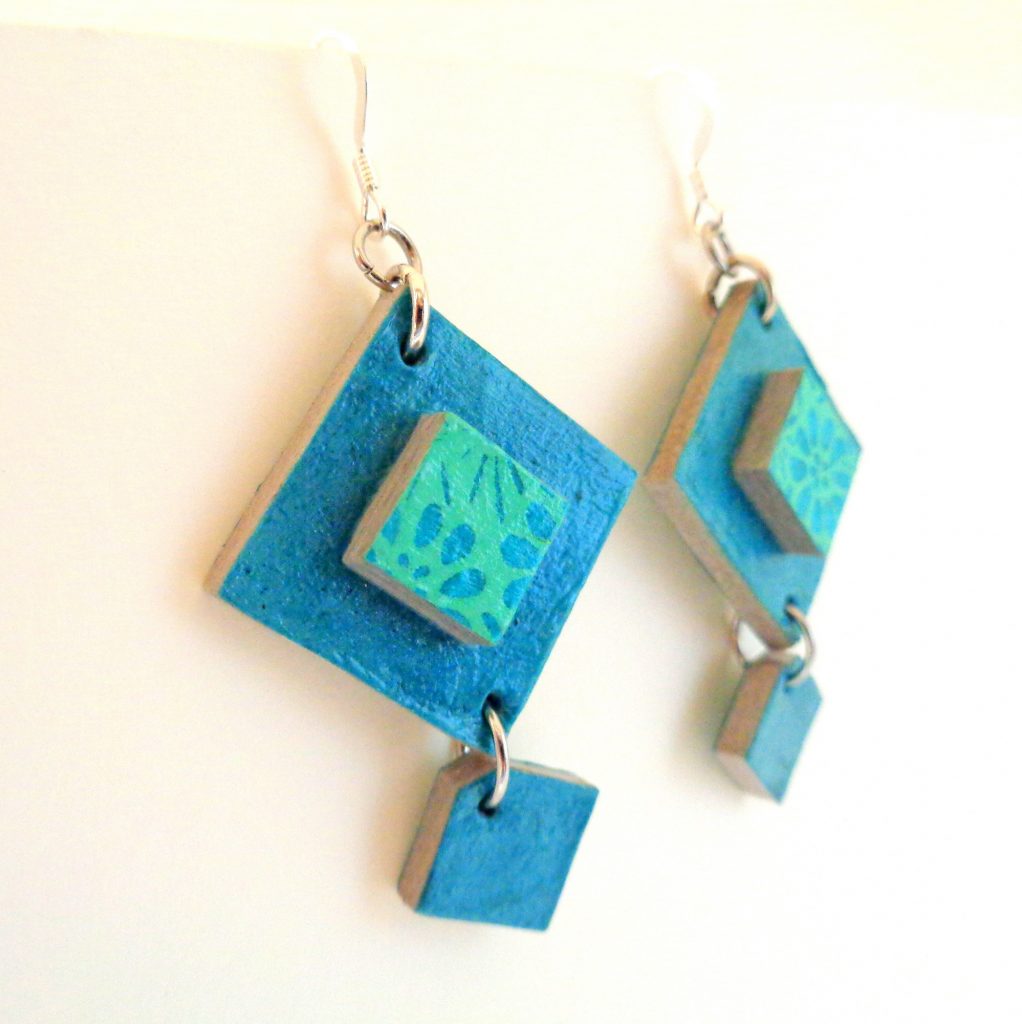 Boucles d'oreille en carton - Classique - Bleu turquoise/Bleu fleurs - Argent 925