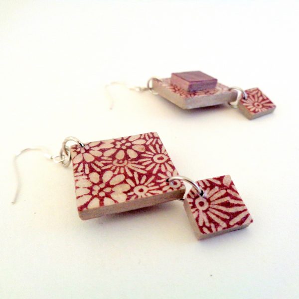 Boucles d'oreille en carton - Classique - Fleurs bordeaux/Fleurs - Argent 925