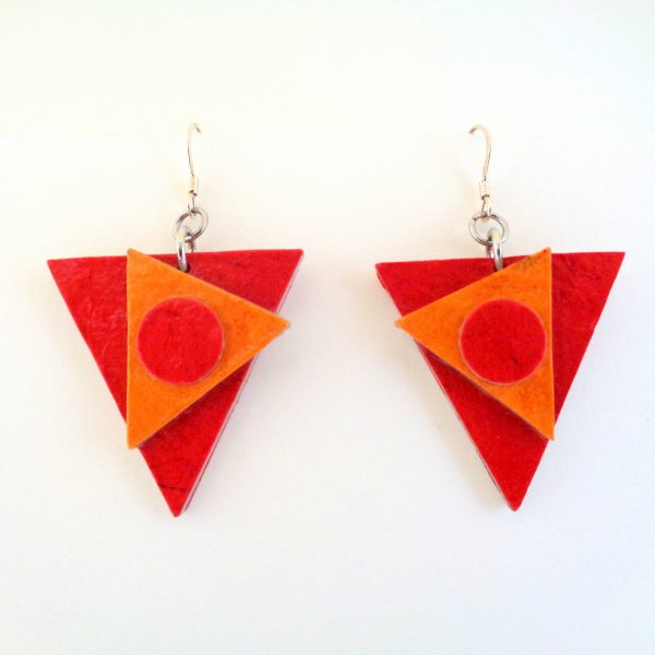 Boucles d'oreille en carton - Triangles décalés - Rouge/Orange - Argent 925