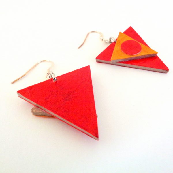 Boucles d'oreille en carton - Triangles décalés - Rouge/Orange - Argent 925