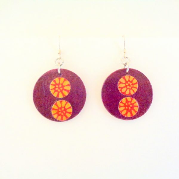 Boucles d'oreille en carton - Petites gouttes - Bordeaux/Fleurs orange - Argent 925
