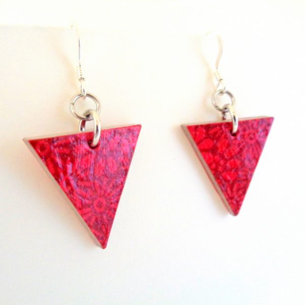 Boucles d'oreille en carton - Petit triangle - Rouge fleuri - Argent 925