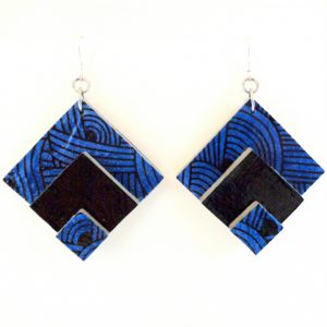 Boucles d'oreille en carton - grand losange - Bleu noeuds/Noir - Argent 925