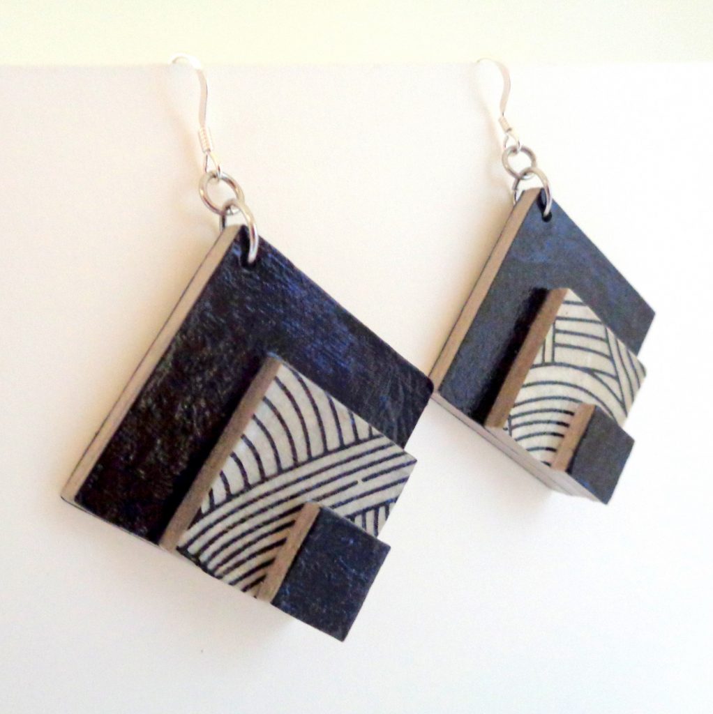 Boucles d'oreille en carton - grand losange - Noir/Blanc Nœuds - Argent 925
