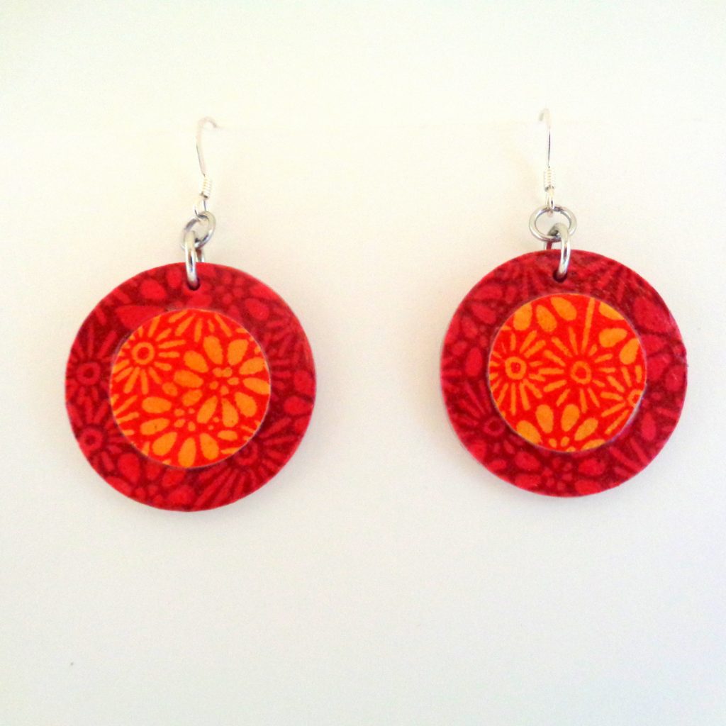 Boucles d'oreille en carton - Petites Rondes X2 - Fleurs rouge et orange - Argent 925
