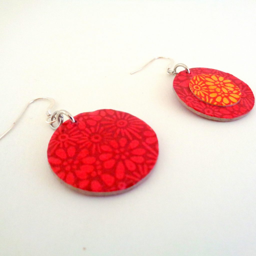 Boucles d'oreille en carton - Petites Rondes X2 - Fleurs rouge et orange - Argent 925