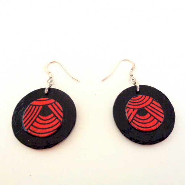 Boucles d'oreille en carton - Petites Rondes X2 - Noir/Rouge Nœuds - Argent 925