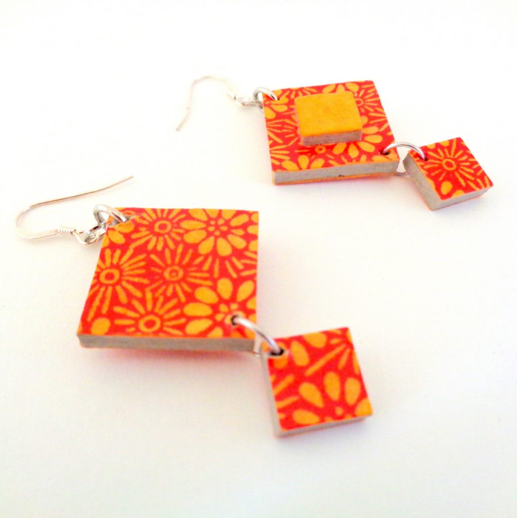 Boucles d'oreille en carton - Classique - Orange fleurs/Jaune ocre/Fleurs - Argent 925