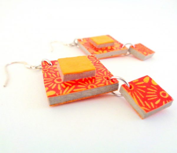 Boucles d'oreille en carton - Classique - Orange fleurs/Jaune ocre/Fleurs - Argent 925