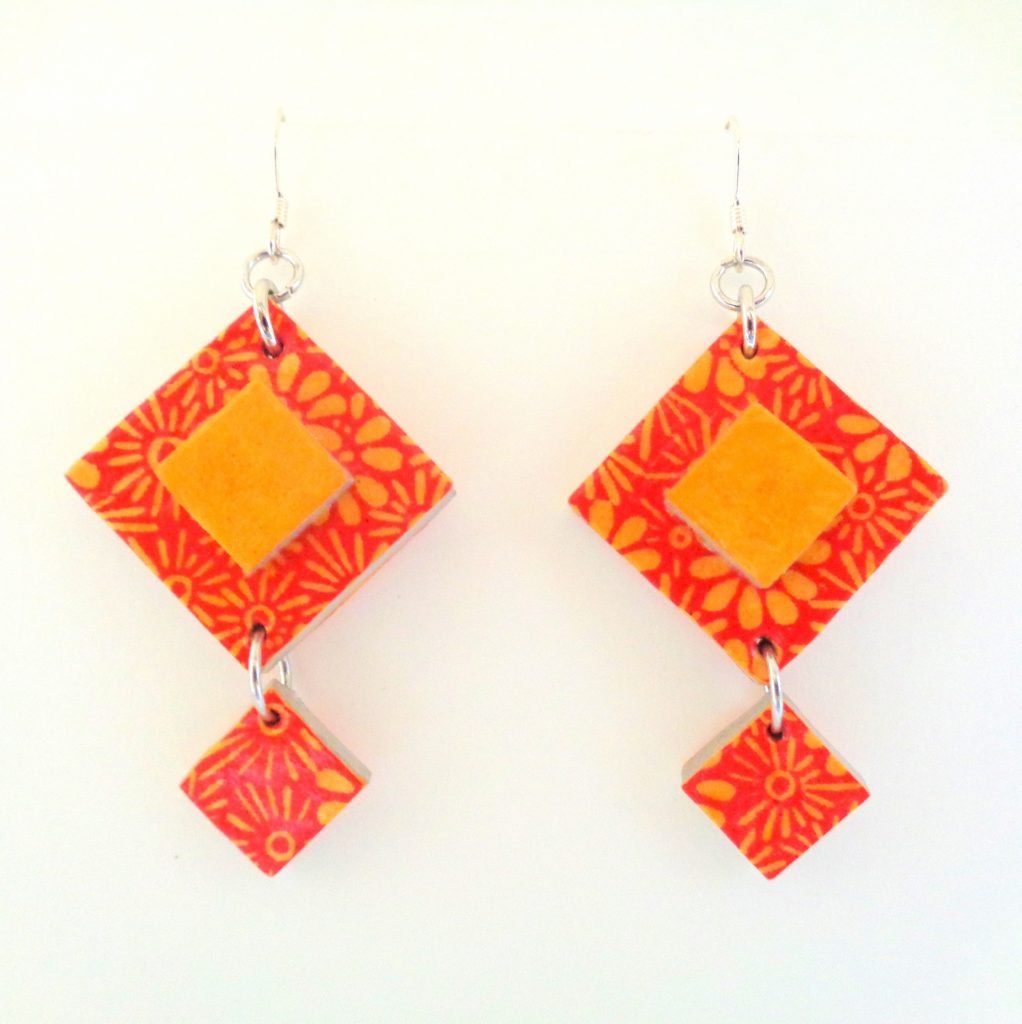 Boucles d'oreille en carton - Classique - Orange fleurs/Jaune ocre/Fleurs - Argent 925