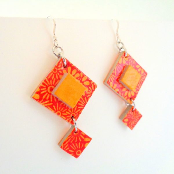 Boucles d'oreille en carton - Classique - Orange fleurs/Jaune ocre/Fleurs - Argent 925