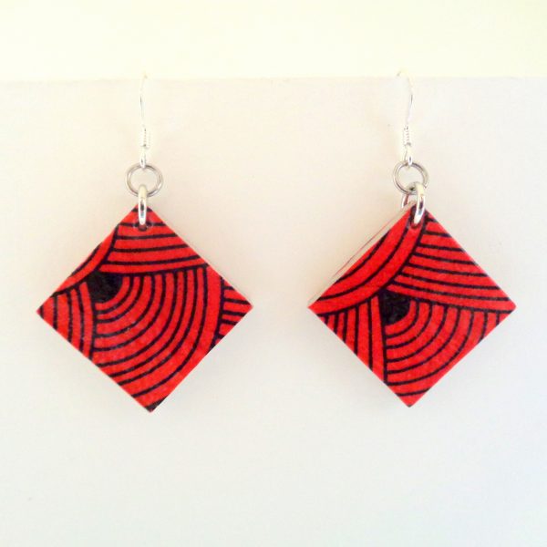 Boucles d'oreille en carton - Petit carré - Rouge Nœuds - Argent 925