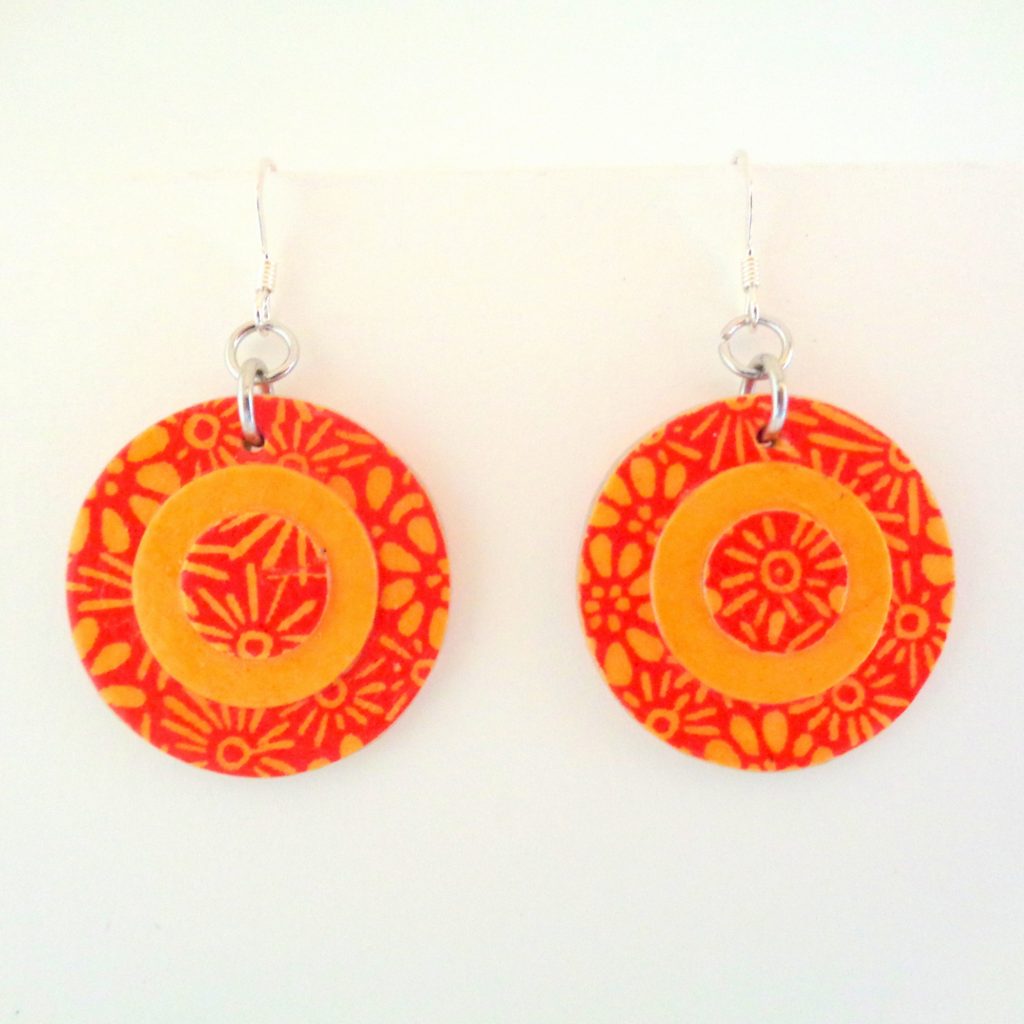 Boucles d'oreille en carton - Petites rondes X3 - Fleurs orange/Jaune ocre - Argent 925