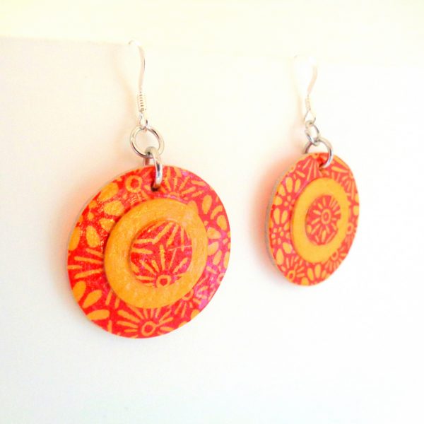 Boucles d'oreille en carton - Petites rondes X3 - Fleurs orange/Jaune ocre - Argent 925