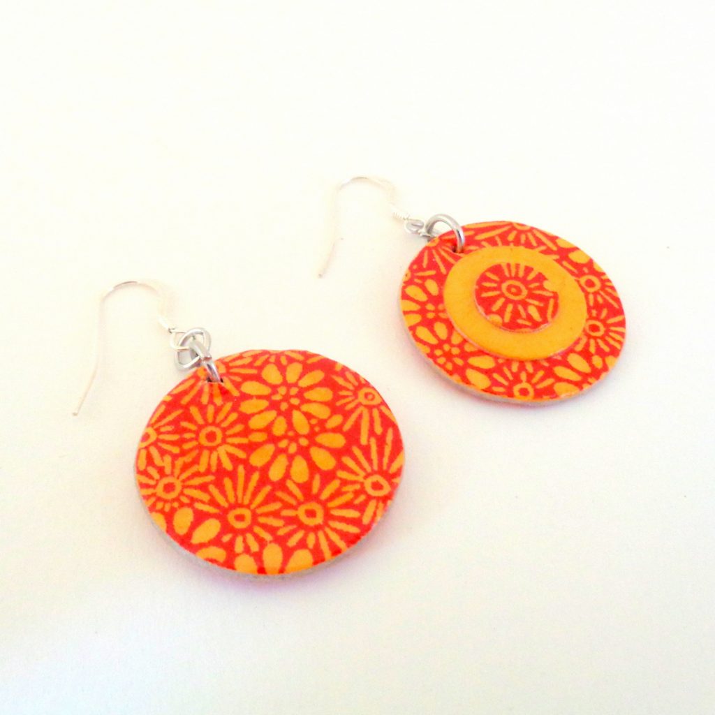 Boucles d'oreille en carton - Petites rondes X3 - Fleurs orange/Jaune ocre - Argent 925