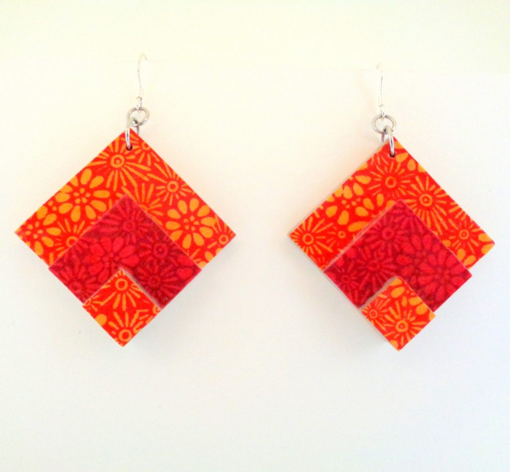 Boucles d'oreille en carton - grand losange - Fleurs orange et rouge - Argent 925