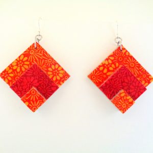 Boucles d'oreille en carton - grand losange - Fleurs orange et rouge - Argent 925