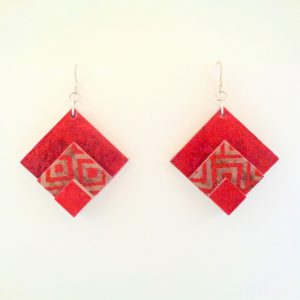 Boucles d'oreille en carton - grand losange - Rouge carmin/Rouge géo - Argent 925