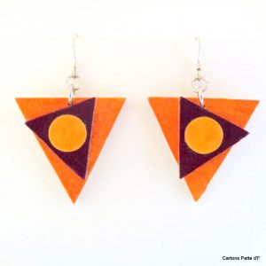 Boucles d'oreilles en carton - Triangles décalés - Jaune ocre/Bordeaux - Argent 925