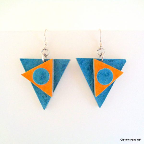 Boucles d'oreille en carton - Triangles décalés - Bleu turquoise/Jaune ocre - Argent 925