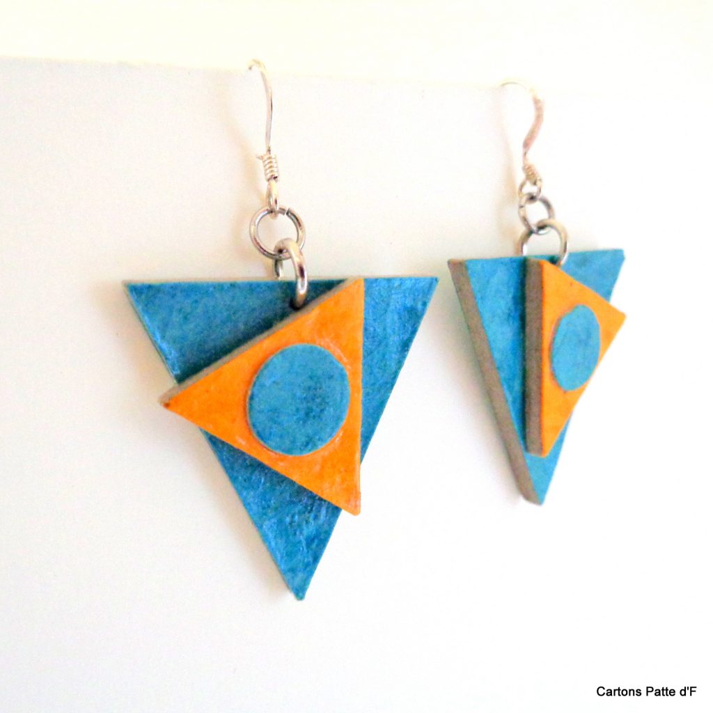 Boucles d'oreille en carton - Triangles décalés - Bleu turquoise/Jaune ocre - Argent 925