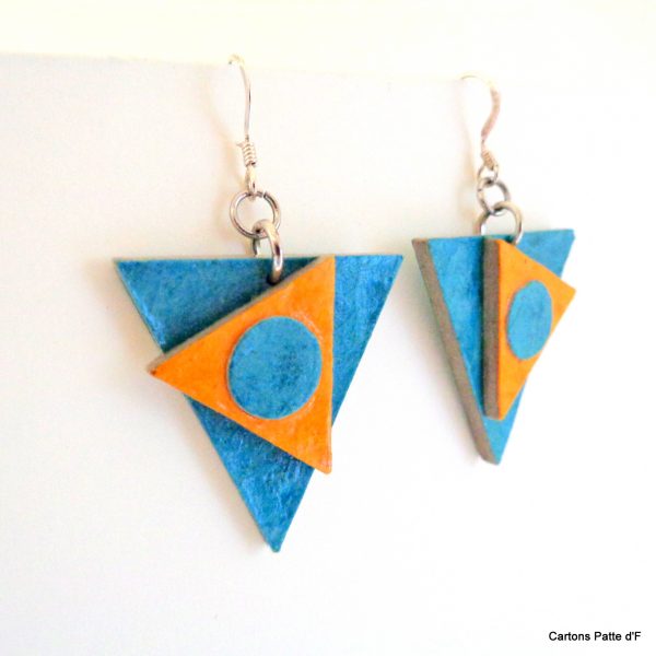 Boucles d'oreille en carton - Triangles décalés - Bleu turquoise/Jaune ocre - Argent 925