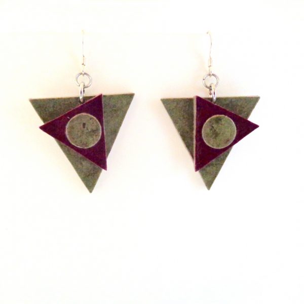 Boucles d'oreille en carton - Triangles décalés - Vert olive/Bordeaux - Argent 925