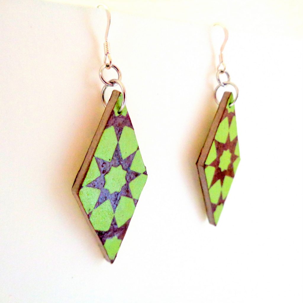 Boucles d'oreille en carton - Losange - Vert étoile - Argent 925