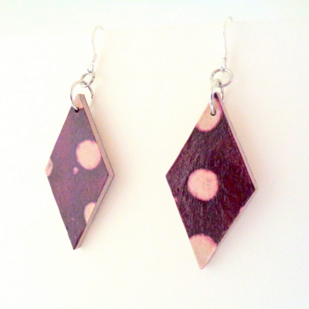 Boucles d'oreille en carton - Losange - Bordeaux pois - Argent 925