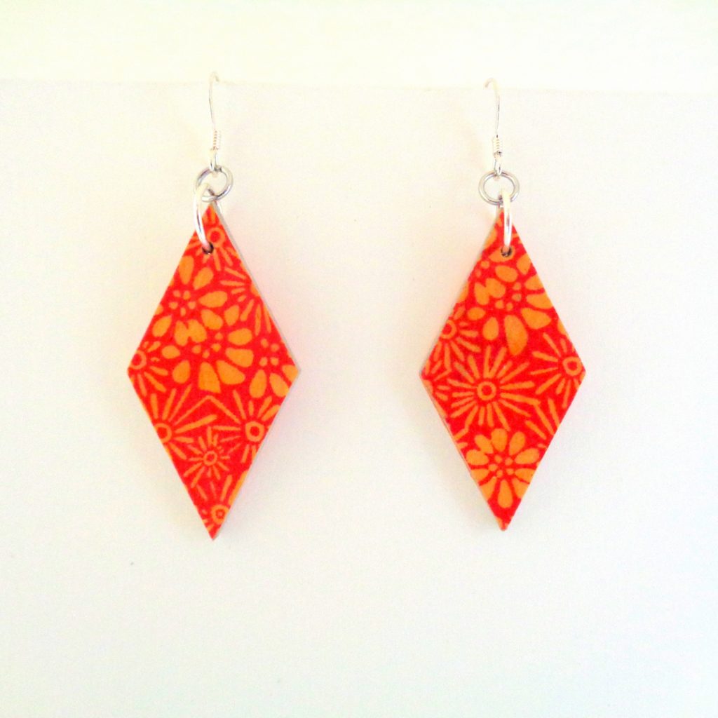 Boucles d'oreille en carton - Losange - Orange Fleurs - Argent 925