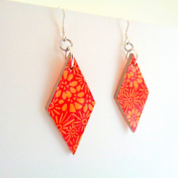 Boucles d'oreille en carton - Losange - Orange Fleurs - Argent 925