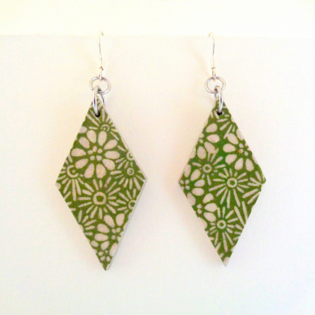 Boucles d'oreille en carton - Losange - Vert Fleurs - Argent 925