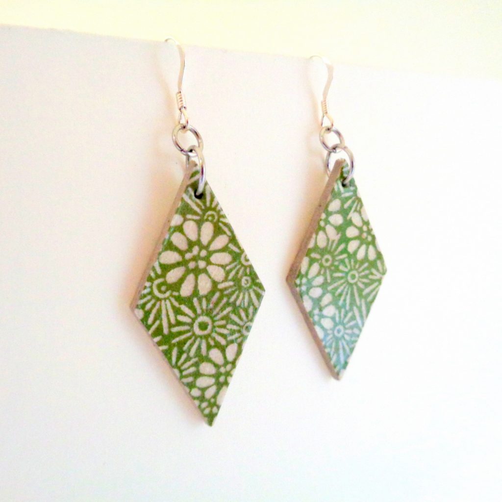 Boucles d'oreille en carton - Losange - Vert Fleurs - Argent 925