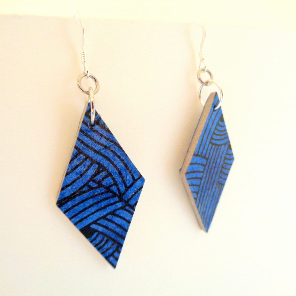 Boucles d'oreille en carton - Losange - Bleu noeuds - Argent 925