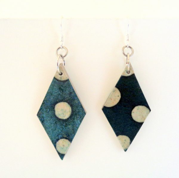 Boucles d'oreille en carton - Losange - Vert pois blancs - Argent 925