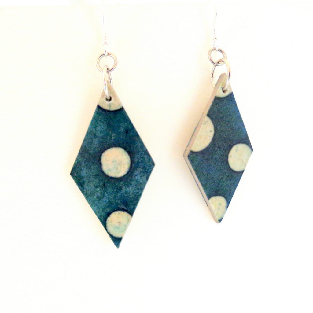 Boucles d'oreille en carton - Losange - Vert pois blancs - Argent 925