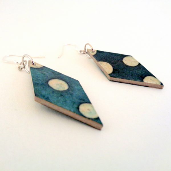 Boucles d'oreille en carton - Losange - Vert pois blancs - Argent 925