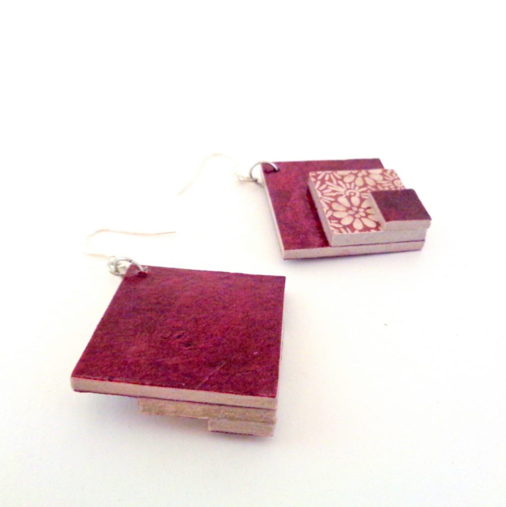 Boucles d'oreille en carton - grand losange - Bordeaux/Fleurs bordeaux - Argent 925