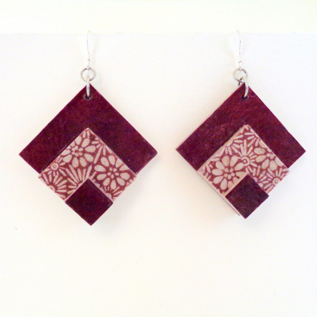 Boucles d'oreille en carton - grand losange - Bordeaux/Fleurs bordeaux - Argent 925